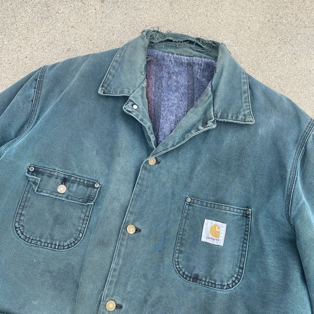 Vintage 80s 90s Carhartt Barn Jacket Coat L/XL Distressed Teal Green Made In USA - Picture 2 of 11